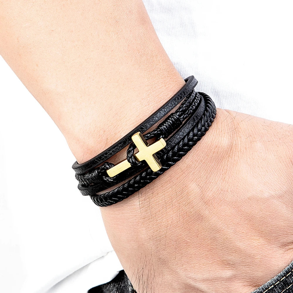 Crux & Courage – Stainless Steel & Leather Charm Bracelet
