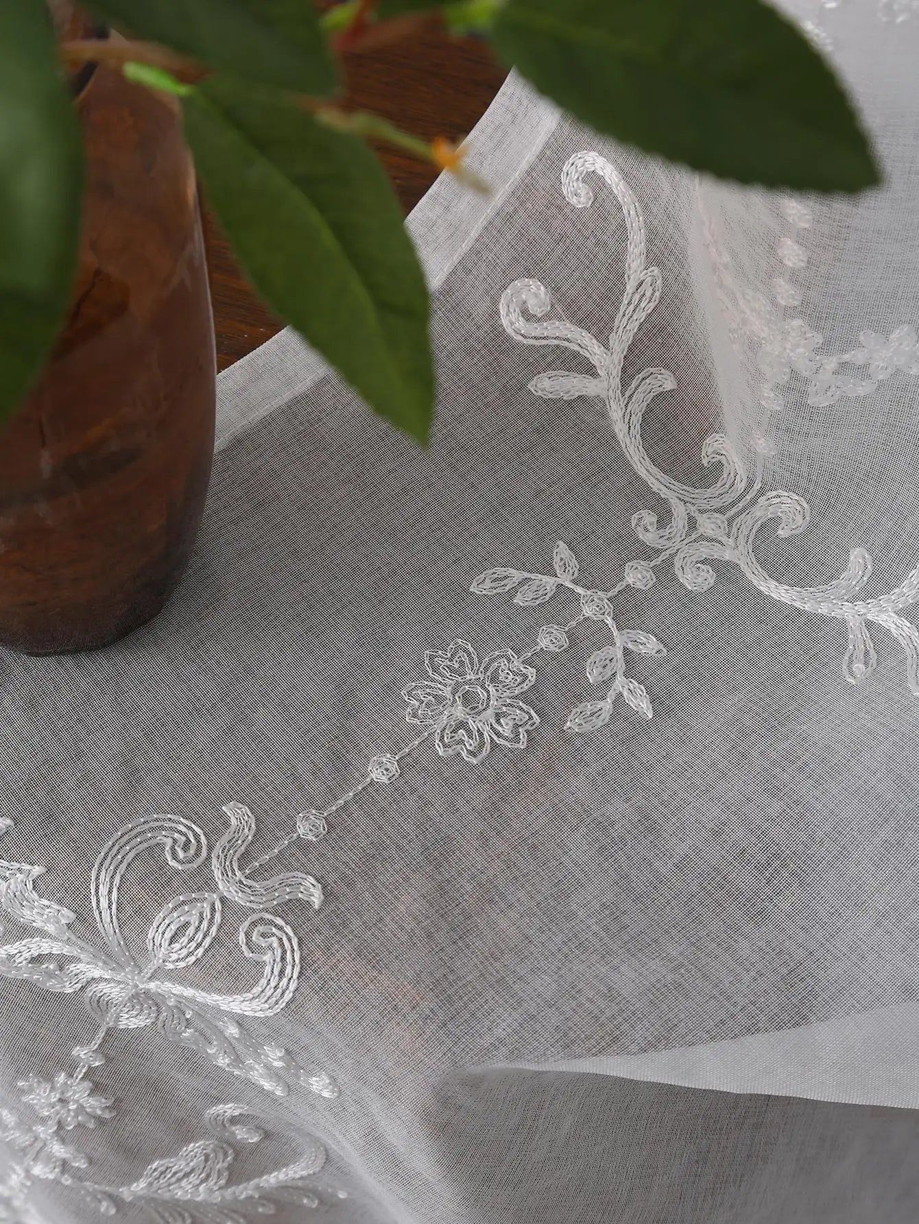 EleganceBloom – White Sheer Curtains with Embroidered Floral Details for Living Room & Bedroom