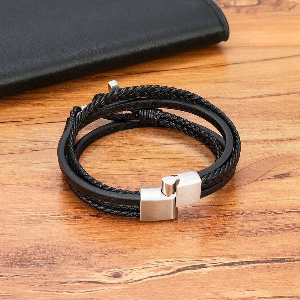 Crux & Courage – Stainless Steel & Leather Charm Bracelet