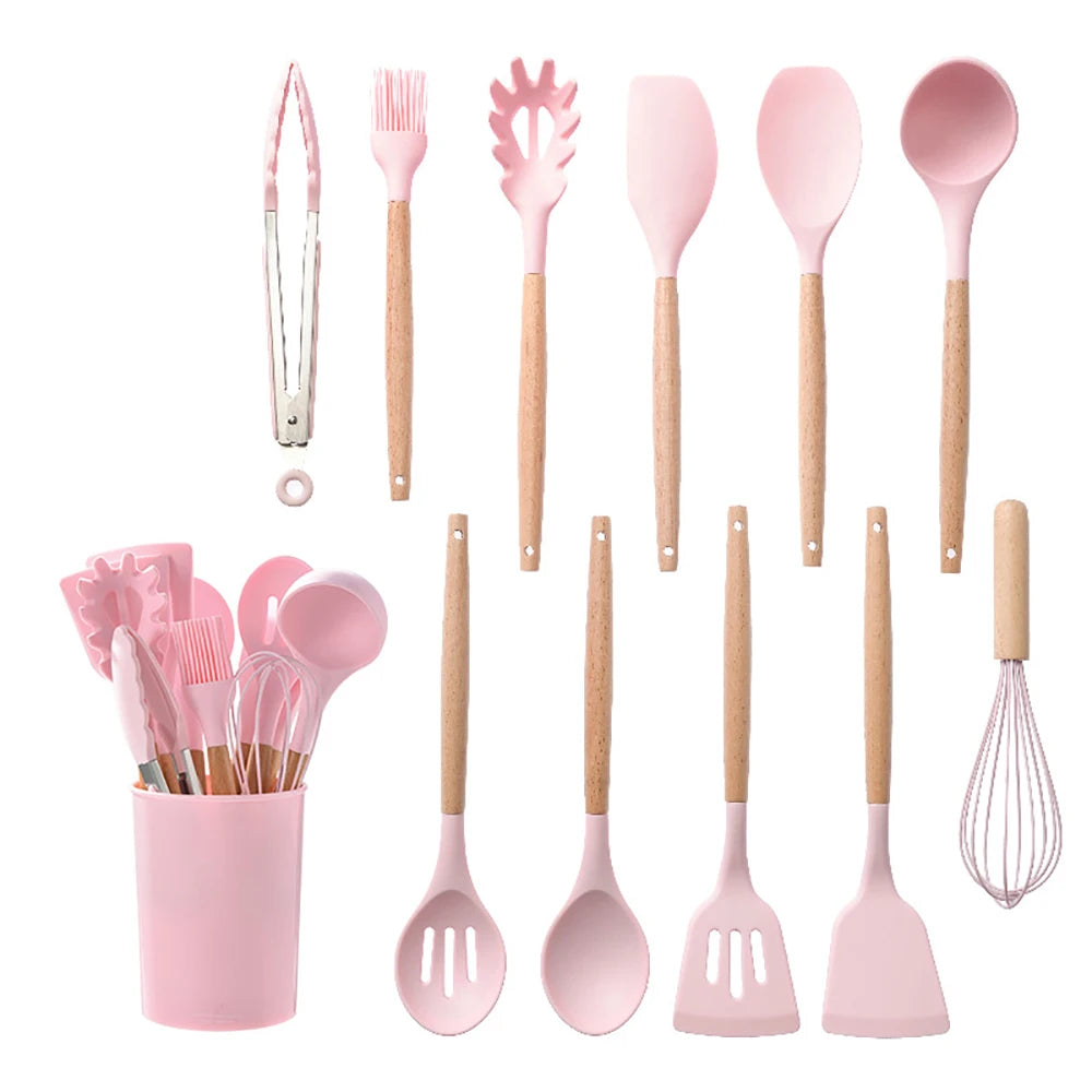 SiliconeElegance Kit – Premium Non-Stick Cooking Utensils with Wooden Handles