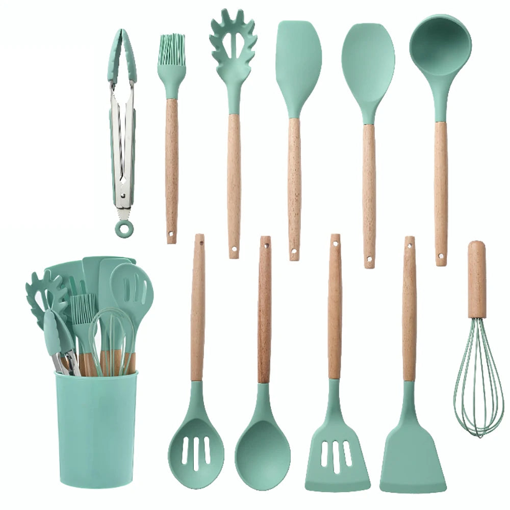 SiliconeElegance Kit – Premium Non-Stick Cooking Utensils with Wooden Handles