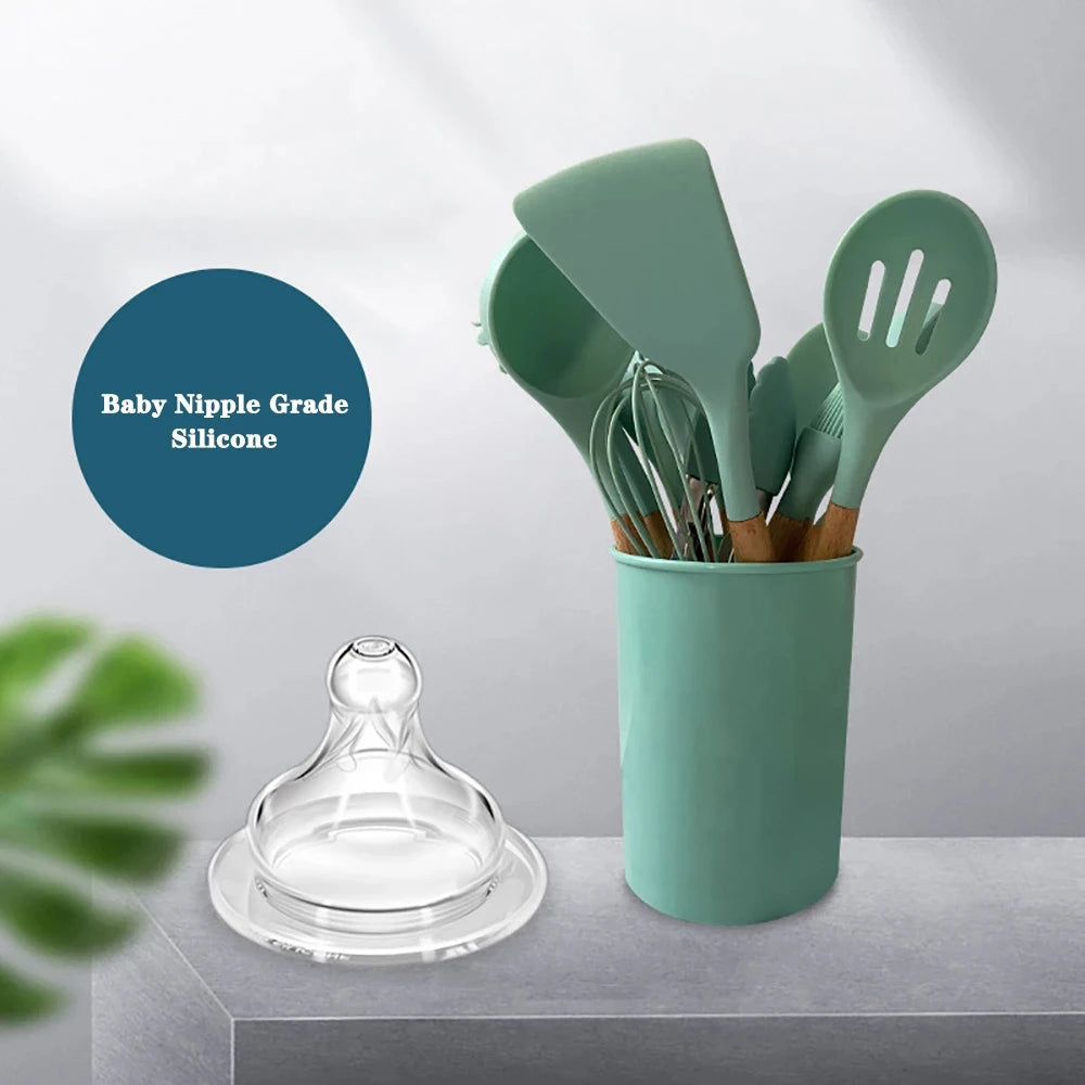 SiliconeElegance Kit – Premium Non-Stick Cooking Utensils with Wooden Handles