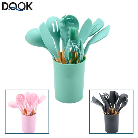 SiliconeElegance Kit – Premium Non-Stick Cooking Utensils with Wooden Handles
