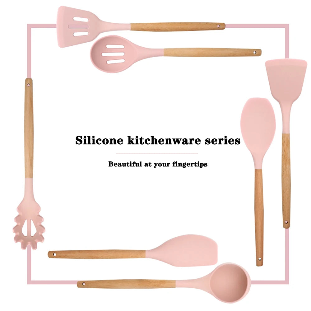 SiliconeElegance Kit – Premium Non-Stick Cooking Utensils with Wooden Handles