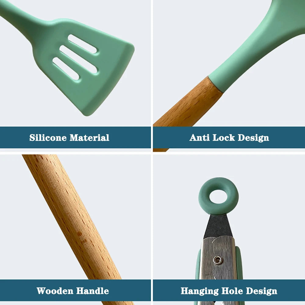 SiliconeElegance Kit – Premium Non-Stick Cooking Utensils with Wooden Handles