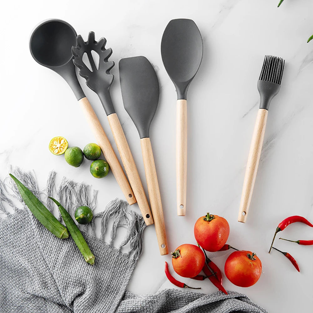SiliconeElegance Kit – Premium Non-Stick Cooking Utensils with Wooden Handles