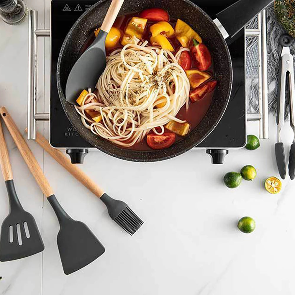 SiliconeElegance Kit – Premium Non-Stick Cooking Utensils with Wooden Handles