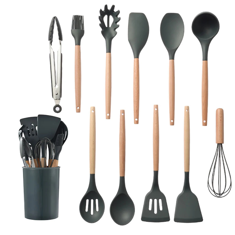 SiliconeElegance Kit – Premium Non-Stick Cooking Utensils with Wooden Handles
