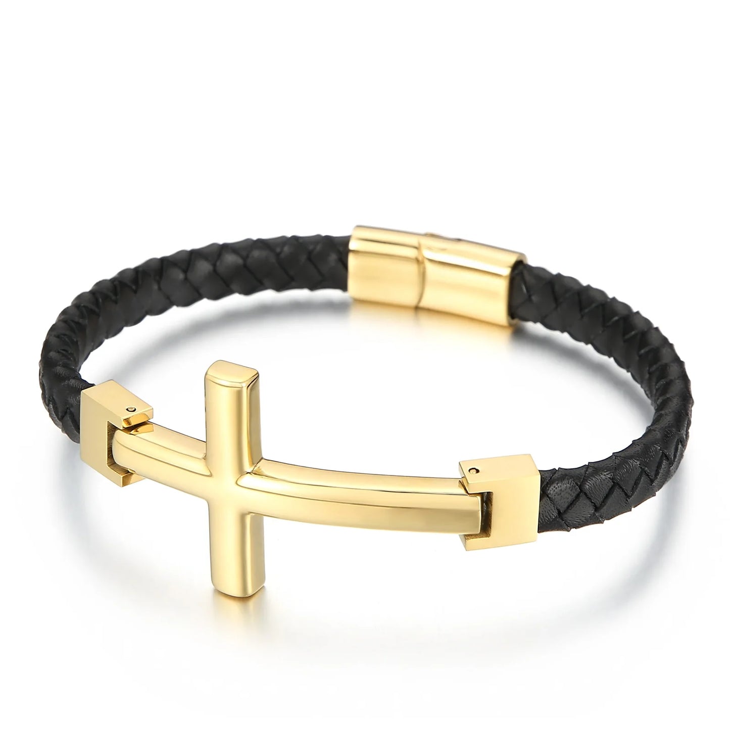 Valor & Véritas – Leather Bracelet with Stainless Steel Cross Detail