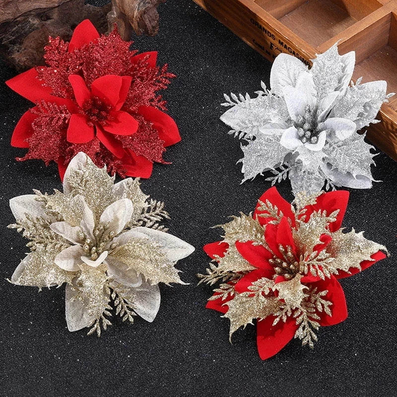 Glittering Christmas Flower Ornaments (5 ,10 Pcs/pack)