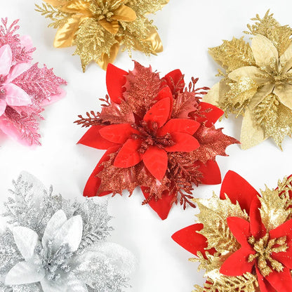 Glittering Christmas Flower Ornaments (5 ,10 Pcs/pack)