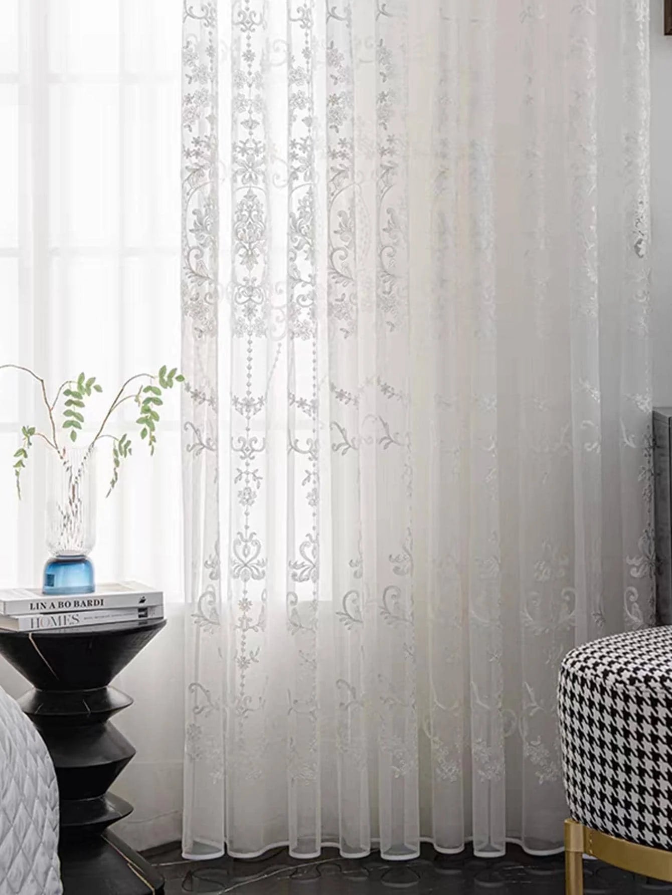 EleganceBloom – White Sheer Curtains with Embroidered Floral Details for Living Room & Bedroom