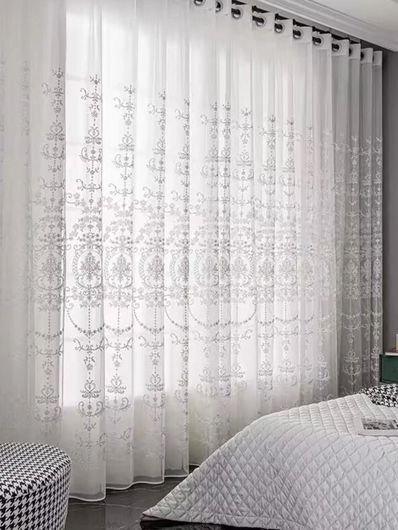 EleganceBloom – White Sheer Curtains with Embroidered Floral Details for Living Room & Bedroom