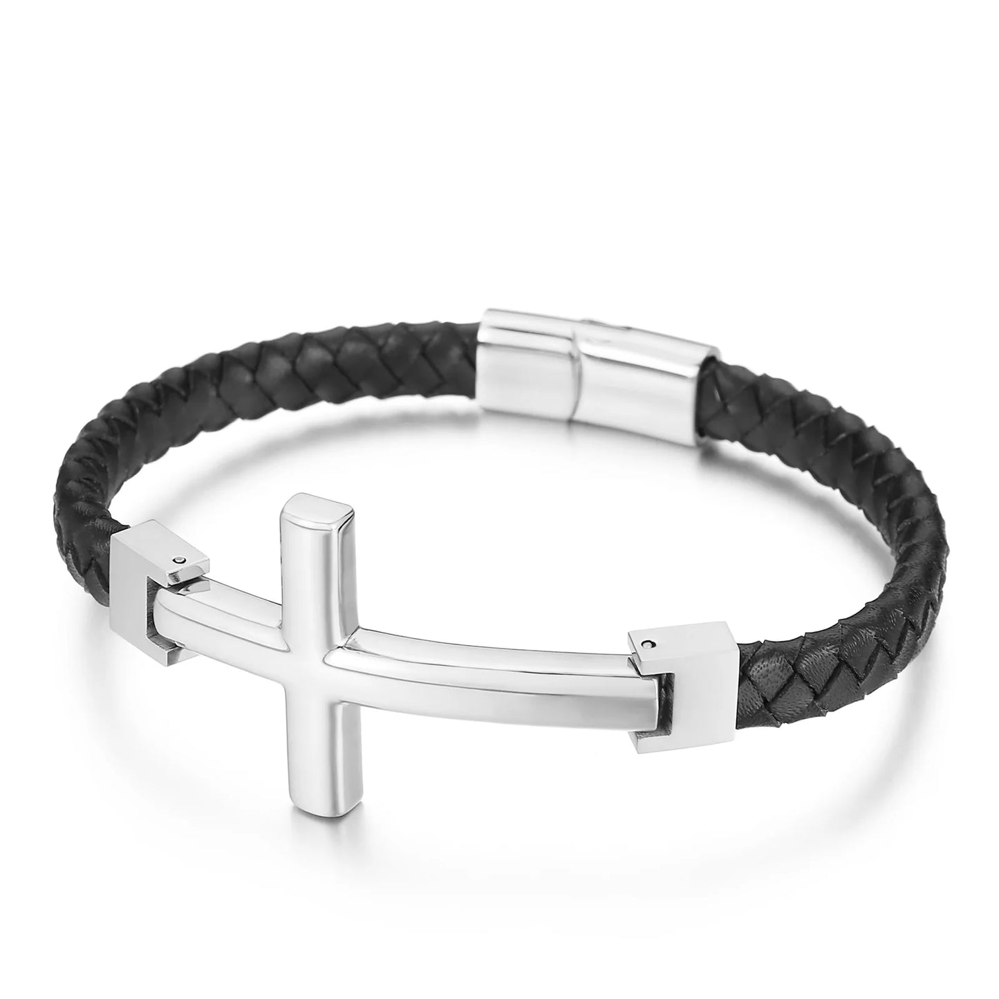 Valor & Véritas – Leather Bracelet with Stainless Steel Cross Detail