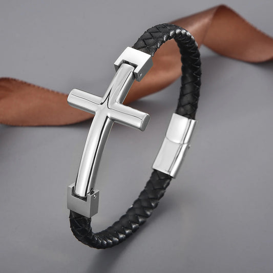 Valor & Véritas – Leather Bracelet with Stainless Steel Cross Detail