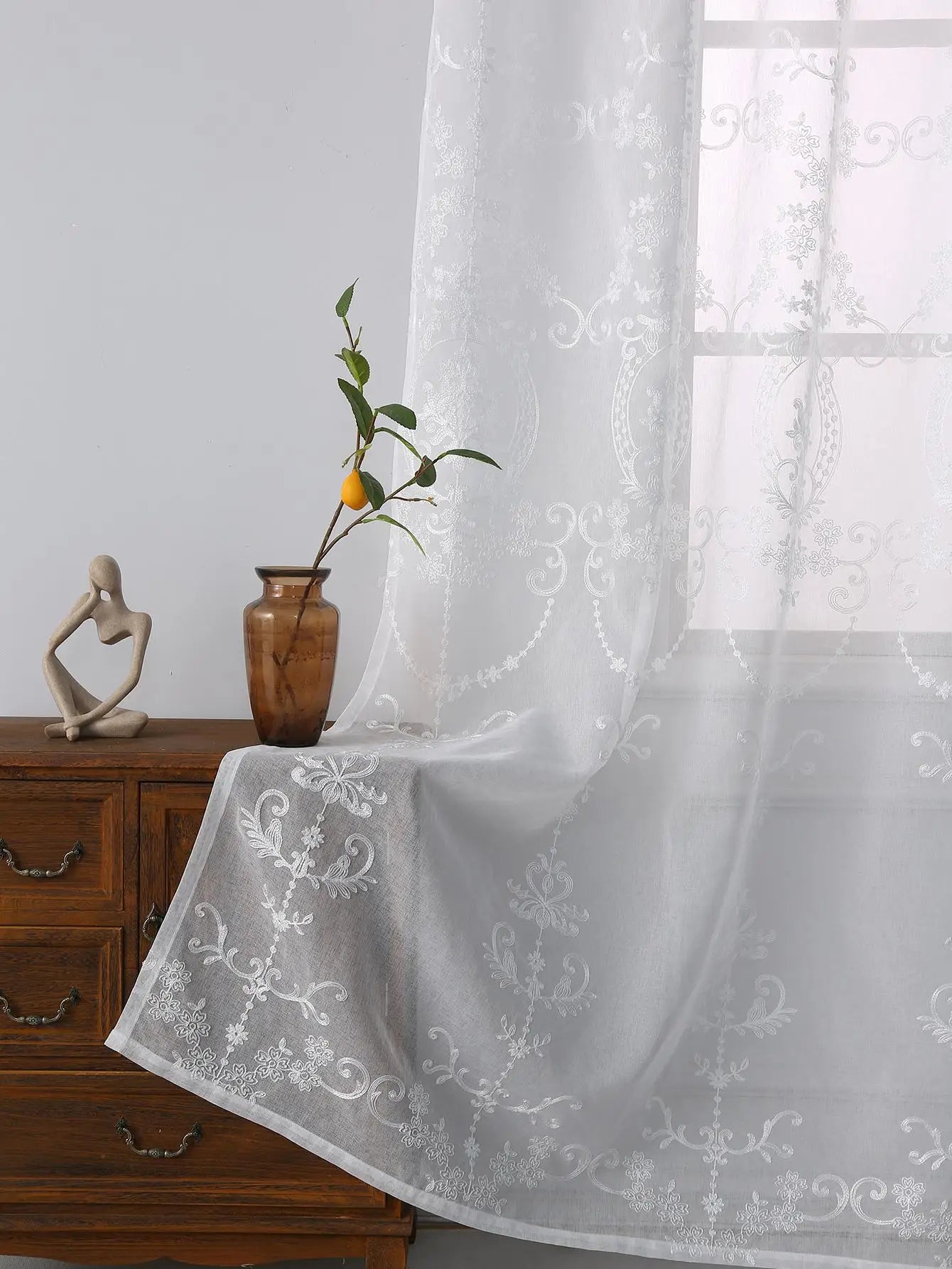 EleganceBloom – White Sheer Curtains with Embroidered Floral Details for Living Room & Bedroom