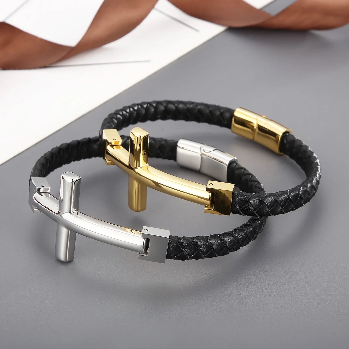 Valor & Véritas – Leather Bracelet with Stainless Steel Cross Detail